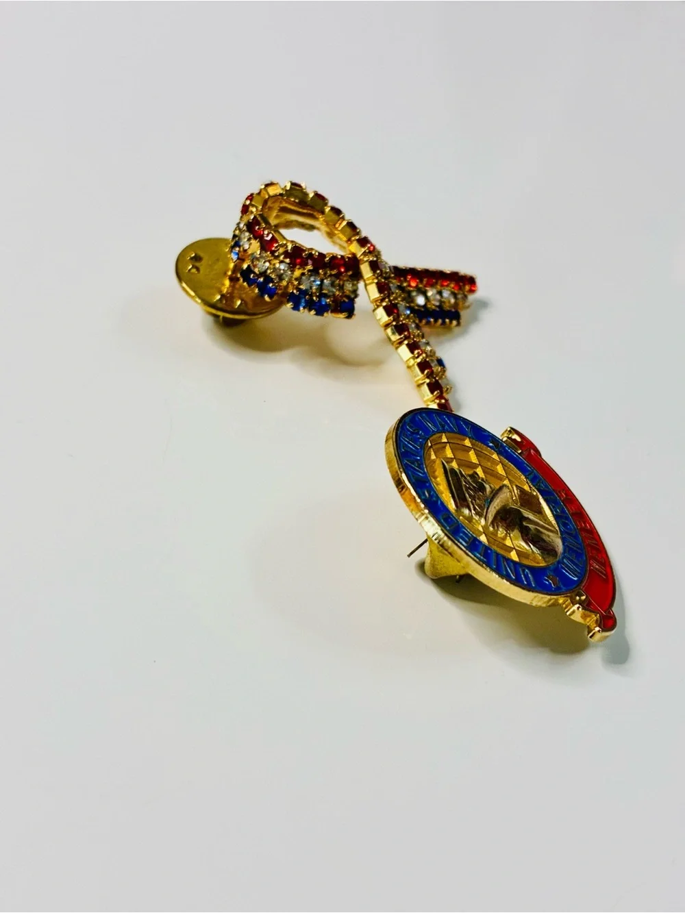 Red, Blue, Gold Crystal Ribbon & US Navy Memorial Member Brooch Set